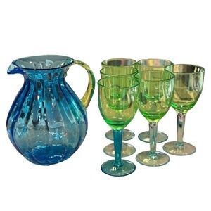 Patio pitcher and 6 glasses set - heavy duty plastic - green/blue clear